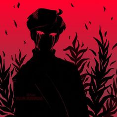 the silhouette of a man with a hat on his head in front of some plants