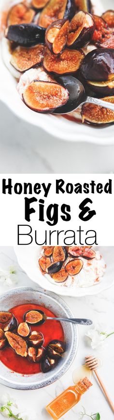 honey roasted figs and burrata on a white plate with text overlay