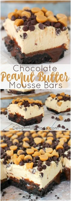 chocolate peanut butter mousse bars are stacked on top of each other and topped with cookies