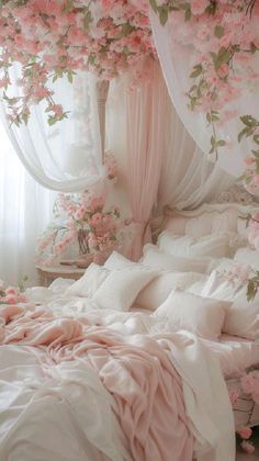 a bed with pink flowers on the headboard and canopy over it, in front of a window