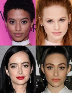 headshots of jourdana phillips, Madelaine Petsch, krysten ritter, and emmy rossum, all who have the dramatic gamine ingenue style type Dramatic Romantic Ingenue Essence, Dramatic Ingenue Essence, Gamine Face, Boyish Aesthetic, Gamine Makeup, Gamine Essence, Dark Ethereal, Dramatic Gamine, Ingenue Essence