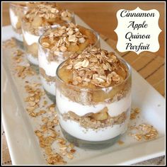 three desserts are sitting on a plate with granola and apple quinoa parfait