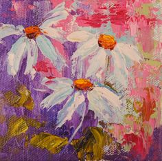 an oil painting of three white daisies on a purple background