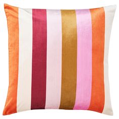 an orange and pink striped pillow on a white background