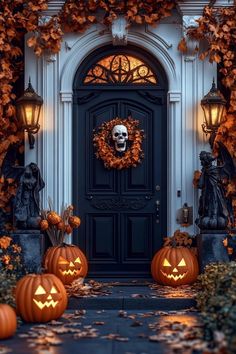 two pumpkins sitting in front of a black door with carved faces and heads on it