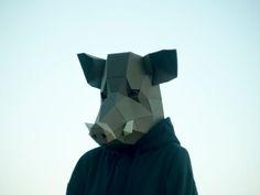 a man in a black hoodie with an origami pig mask on his head