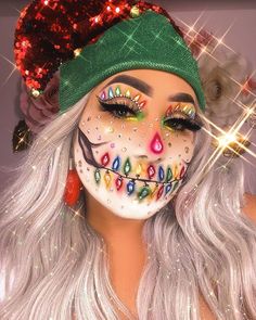 Christmas Makeup Looks 2023, Dramatic Christmas Makeup, Christmas Tree Makeup Look, Christmas Inspired Makeup Looks, Christmas Lights Makeup Looks, Christmas Makeup Looks Creative, Crazy Christmas Makeup, Christmas Horror Makeup, Christmas Face Makeup