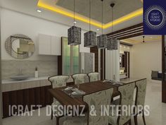 a dining room and kitchen are shown in this 3d image with the name icraft designz & interiors