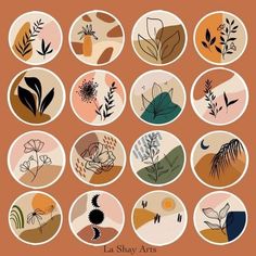 an assortment of different shapes and sizes of plants in circles on a brown background with the words la shy arts written below