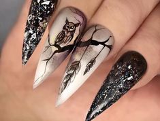 Owl Nails, Black And White Nail, Black And White Nail Art, Long Stiletto Nails, Squoval Nails