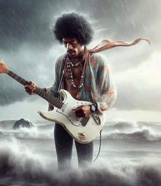 a man with an electric guitar standing in the ocean on a stormy day, holding it's string