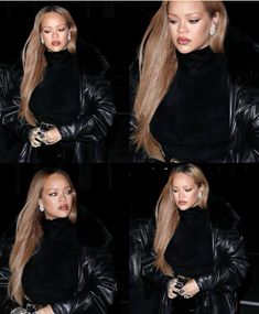 a woman with long blonde hair in four different poses, wearing black leather jacket and turtle neck sweater