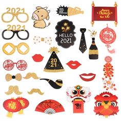 various chinese new year's decorations and stickers on a white background, including an owl