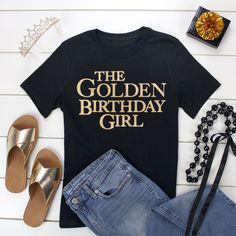 Celebrate the birthday girl with this amazing t-shirt. Gold graphic reads "our Golden Mom". Perfect for birthday gift idea. Girls 100% Cotton BELLA & CANVAS Brand. Black. Relaxed fit, Side seamed, 4.2-ounce, 100% Airlume combed and ring spun cotton. Golden Girls Shirt, Unique Birthday Party Ideas, Birthday Girl T Shirt, Girly Birthday Party, Woman Birthday Party, Elegant Birthday, Golden Birthday, Girl Inspiration, Girls Party