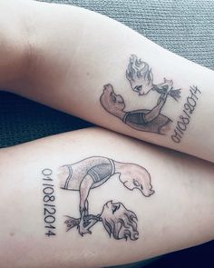 two people with tattoos on their arms, one has a dog and the other has a cat