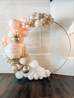 God Bless Oliva Balloon decor on a circle arch, double stuffed in the colours peach, pink, white sand, white and gold White And Gold Balloon Circle Arch, Ballon Circle Arch Wedding, Circle Garland Balloon, Gold Hoop Backdrop With Balloons, Gender Reveal Balloon Circle Arch, Cross Balloon Arch, Balloons On Round Arch, Gold Circle Arch With Balloons, Ballon Round Arch Diy