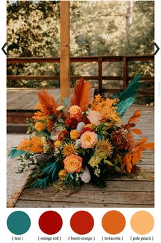 an arrangement of flowers and greenery on a wooden deck with color swatches to match