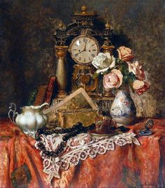 a painting of a clock, vase and other items on a table with a red cloth