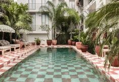 an indoor swimming pool surrounded by potted plants and palm trees in front of a building