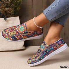 Fredar - Women's Leisure Sneakers with Floral Pattern Thick Heel Shoes, Flats Shoes Comfortable, Dance Heels, Comfortable Flats, Casual Shoes Women, Fashion Flats, Slip On Sneakers, Flat Shoes