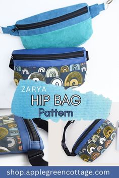 three zippered bags with different designs on them and the words zara hip bag pattern