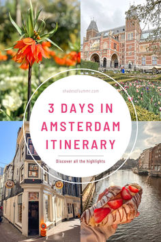 there is a collage of pictures with flowers and buildings in the background that says 3 days in amsterdam itinerary