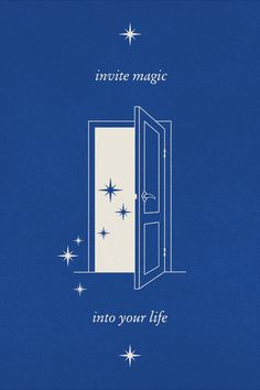 an open door with the words in white on it and blue background, which reads infinite magic into your life