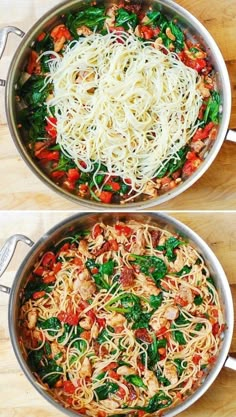 two pictures of spaghetti and vegetables being cooked in a skillet with the same amount of noodles