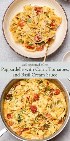 two plates of pasta with tomatoes and basil cream sauce