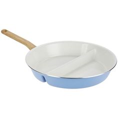 an empty pan with a wooden handle on a white background