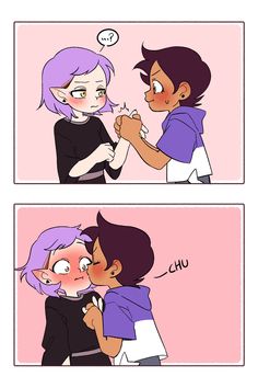 two comics with the same person giving each other a hug and one has purple hair