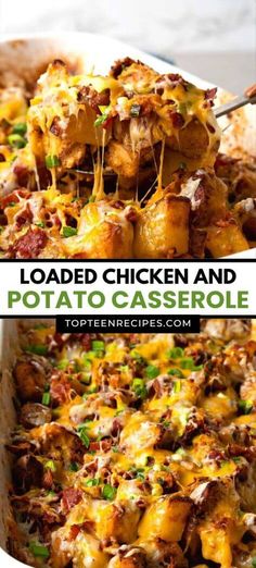 loaded chicken and potato casserole in a white dish with text overlay that reads loaded chicken and potato casserole