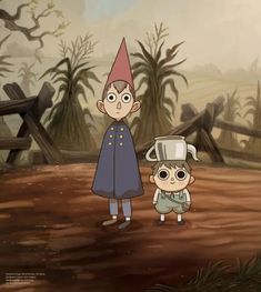 two cartoon characters standing in front of a forest