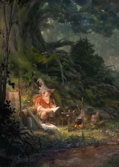 a painting of an old man reading in the woods