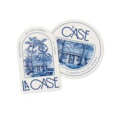 two blue and white stickers with the words case in front of them, on a white background