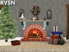 a christmas fireplace with presents around it