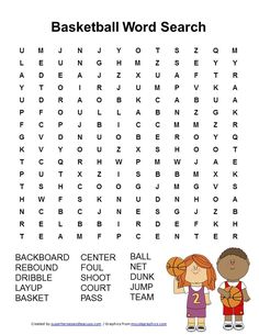 a basketball word search with two kids and the words below it are in black and white