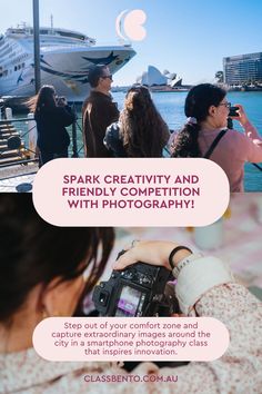 a woman taking pictures with her camera while people look at the boats in the water