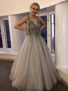 Silhouette:?A Line Waist: Natural Sleeve Length: Sleeveless Fabric:?Tulle Shown Color:?Silver Gray Built-In Bra: Yes Prom Dresses Silver, Dresses Silver, Prom Dress Evening, Tulle Sleeves, Sequin Prom Dress, Long Sleeve Gown, Beaded Prom Dress, Long Prom Dresses, Beaded Bodice