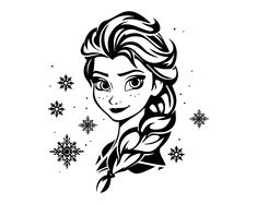 the frozen princess with long hair and snowflakes on her head, in black and white