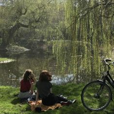 two people are sitting on the grass near a pond and bike in front of them