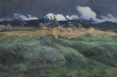 an oil painting of grass and mountains in the distance with dark clouds above it on a cloudy day