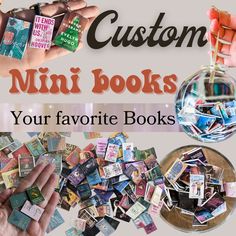 a person holding a glass ball with lots of mini books in it and the words, custom mini books your favorite books