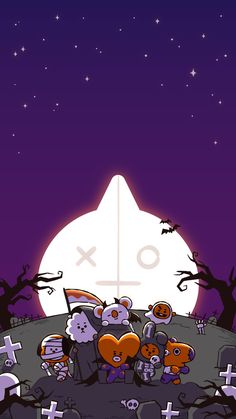 an animated halloween scene with the moon in the background and tombstones on the ground