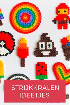 an assortment of pixel art made with beads and magnets on a white background text reads strijkralen idetes