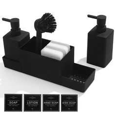 a black soap dispenser with four different items in it