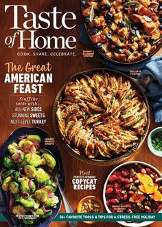 the cover of taste of home magazine with various food items on it, including meats and vegetables