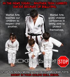 a man and three children in karate uniforms with words describing how to do the same thing