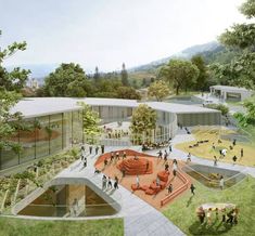 an artist's rendering of a courtyard with people walking around