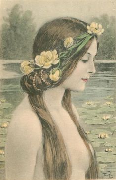 a woman with flowers in her hair standing next to a body of water and lily pads